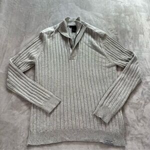 Calvin Klein Jeans Men L Gray Ribbed Quarter Zip Mock Sweater Military style